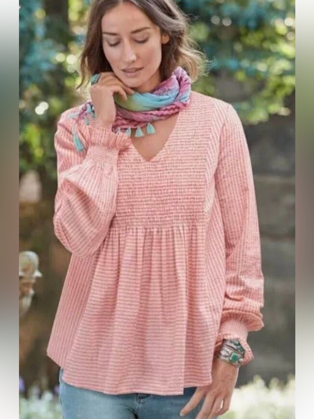 Sundance Julia Pink/Peach White Smocked V-Neck Babydoll Popover Top / LG